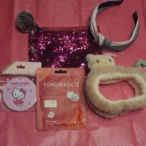 NWOT Hello Kitty Pink Compact Mirror And Headband Beauty Bundle 5 Items Total
